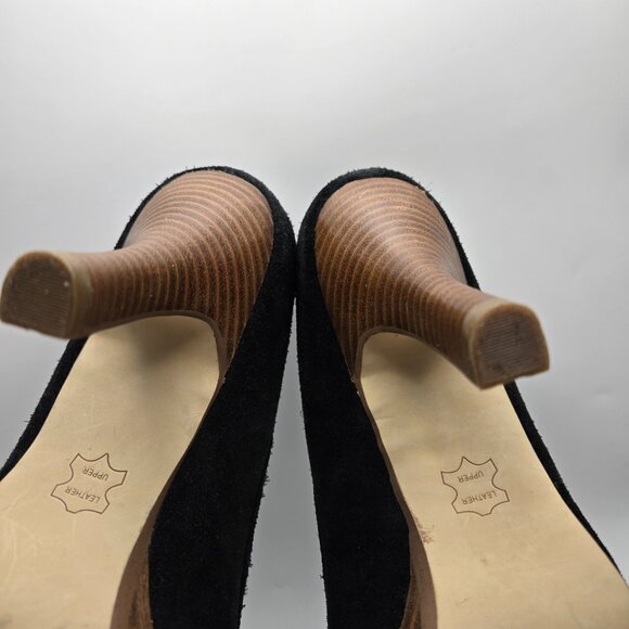 Steve Madden Black Suede Peep Toe Heels 8M Black Upper Brown Balance - Picture 8 of 13